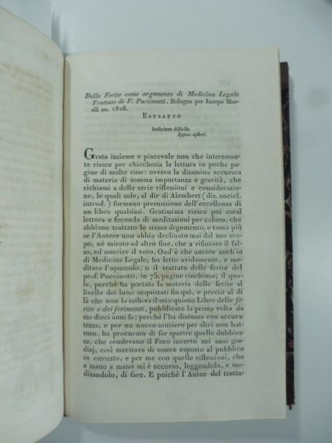 Delle ferite come argomento di Medicina Legale. Trattato di F. Puccinotti...Estratto. (Stralcio da: Nuovo giornale de' letterati. N. 42. 1828) - copertina