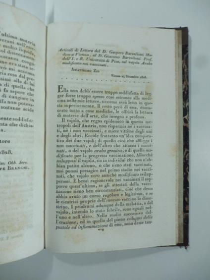 Articoli di lettere del D. Gaspero Barzellotti medico a Vienna al D. Giacomo Barzellotti...sul vaiolo arabo modificato nei vaccinati. (Stralcio da: Nuovo giornale de' letterati. N. 42. N. 43. N. 46. 1828 - 1829) - copertina