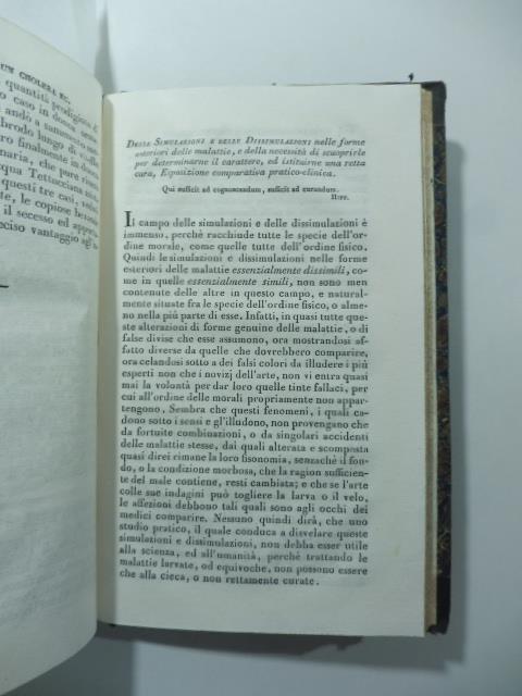 Della simulazione e delle dissimulazioni nelle forme esteriori delle malattie e della necessita' di scuoprirle per determinare il carattere ed istituirne la cura...(Stralcio da: Nuovo giornale de' letterati. N. 81. 1835) - copertina