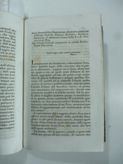 Di un anencefalia osservazione anatomica fatta nel febbrajo 1828 da T. Biancini...(Stralcio da: Nuovo giornale de' letterati. N. 44. 1829) - copertina