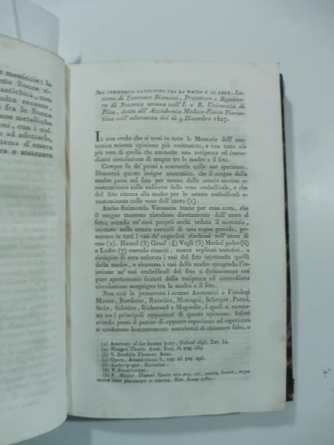 Sul commercio sanguigno tra la madre e il feto. lezione di T. Biancini...detta all'Acc. medico fis. fiorentina...(Stralcio da: Nuovo giornale de' letterati. N. 67. 1833) - copertina