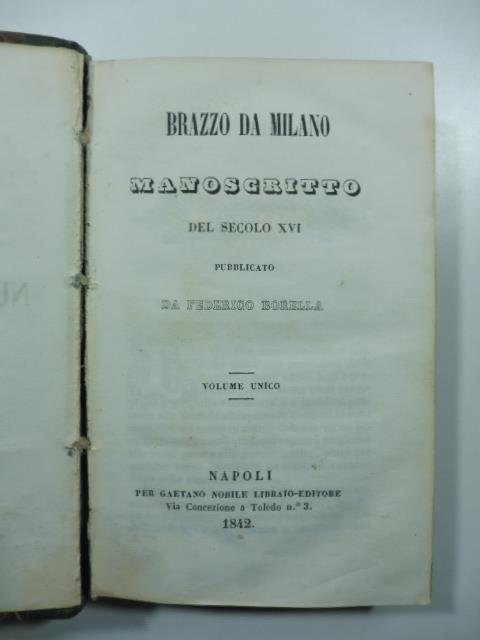 Brazzo da Milano. Manoscritto del secolo XVI - copertina