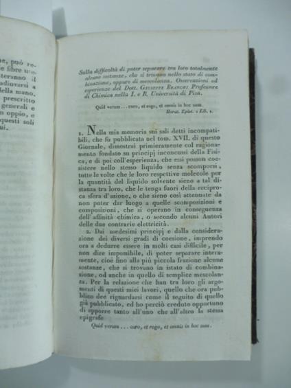 Sulla difficolta' di poter separare totalmente alcune sostanze che si trovano nello stato di combinazione oppure di mescolanza. Osservazioni del D. Giuseppe Branchi...(Stralcio da: Nuovo giornale de' letterati. N. 49. 1830) - copertina