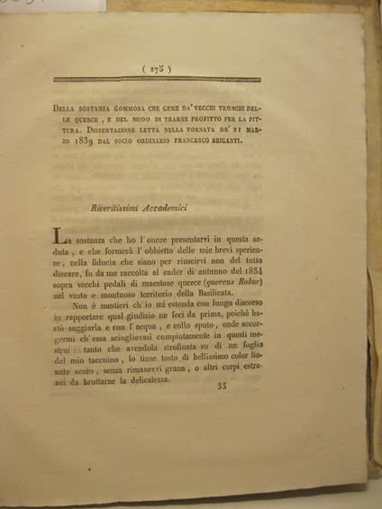 Della sostanza gommosa che geme da' vecchi tronchi delle querce e del modo di trarne profitto per la pittura - copertina