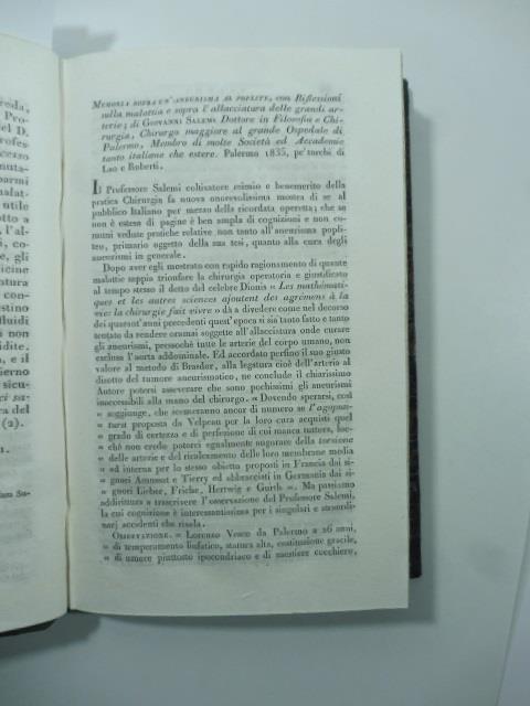 Memoria sopra un'aneurisma al poplite con riflessioni sulla malattia e sopra l'allacciatura delle grandi arterie di G. Salemi...(Stralcio da: Nuovo giornale de' letterati. N. 85. 1836) - copertina