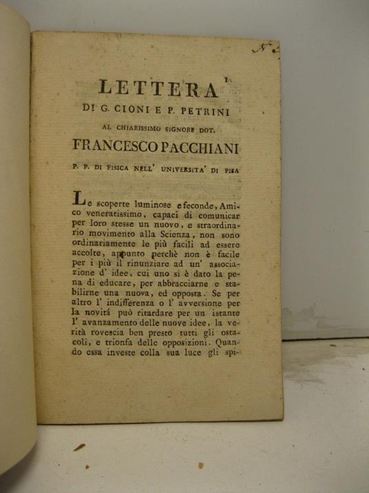 Lettera al Chiarissimo Sig. Dot. Francesco Pacchiani P.P. di fisica nell'Universita' di Pisa - copertina