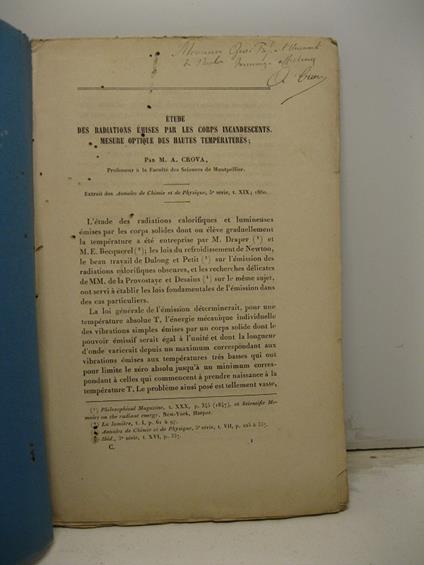 Etude des radiations emise par les corps incandescents. Mesure optique des hautes temperatures - copertina