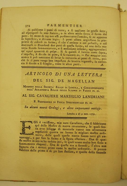 Articolo di una lettera del sig. De Magellan... al sig. cavaliere Marsiglio Landriani... su alcuni nuovi orologi e altre importanti notizie.. - copertina