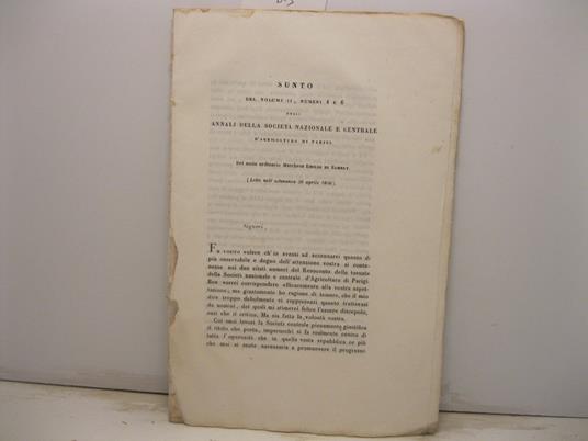 Sunto del volume II, numeri 4 e 6 degli Annali della Societa' nazionale e centrale d'agricoltura di Parigi - copertina