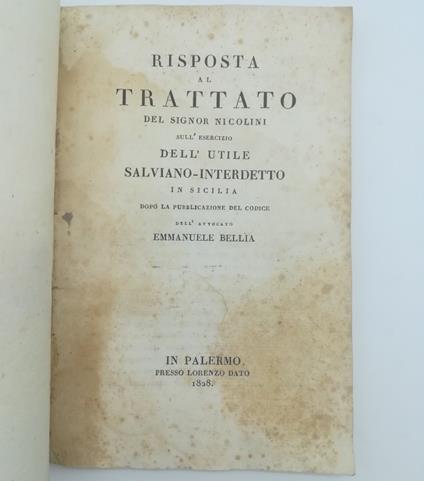 Risposta al trattato del Signor Nicolini sull'esercizio dell'utile salviano-interdetto in Sicilia.. - copertina