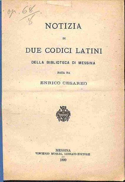 Notizia di due codici latini della Biblioteca di Messina - copertina