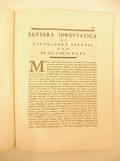 Lettera idrostatica di Bartolomeo Ferrari SEGUE Inconvenienti del metodo tenuto dal Sig. Conte di Buffon per trovare la legge del riscaldamento e raffreddamento de' corpi - copertina