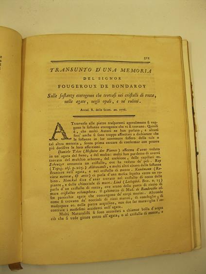 Transunto d'una memoria del signor Fougeroux De Bondaroy sulle sostanze eterogenee che trovasi nei cristalli di rocca, nelle agate, negli opali e ne' rubini SEGUE Dissertazione del sig. Achard accad. di Berlino sulla differenza che si mette fra i cor - copertina