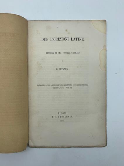 Due iscrizioni latine. Lettera al Sig. Consigl. Gerhard - copertina