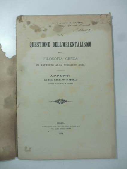 La questione dell'orientalismo nella filosofia greca in rapporto alla religione aria. Appunti - copertina