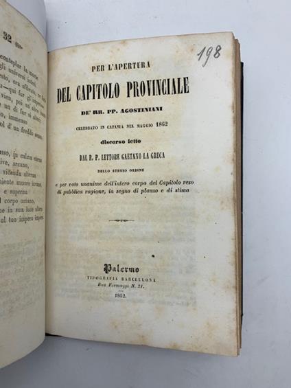 Per l'apertura del Capitolo provinciale de' Rr. PP. Agostiniani celebrato in Catania nel maggio 1862. Discorso - copertina