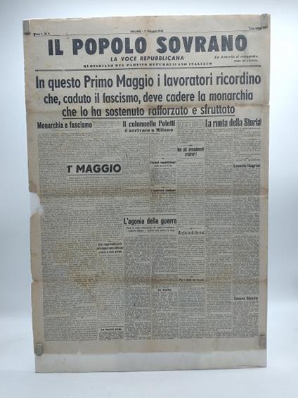 Il popolo sovrano. La voce repubblicana. Quotidiano del Partito repubblicano italiano. Anno 1 n. 4. Milano 1 maggio 1945 - copertina