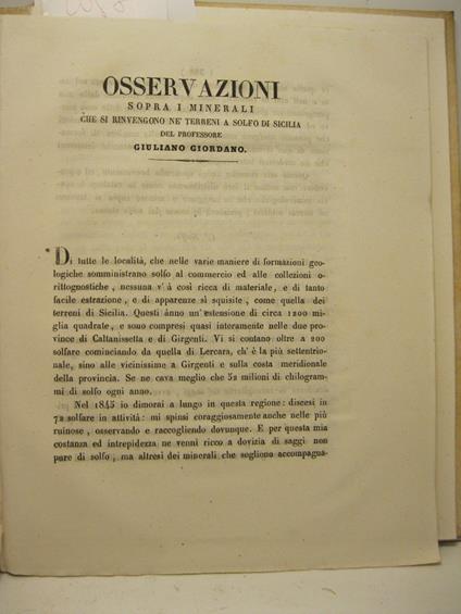 Osservazioni sopra i minerali che si rinvengono ne' terreni a solfo di Sicilia - copertina