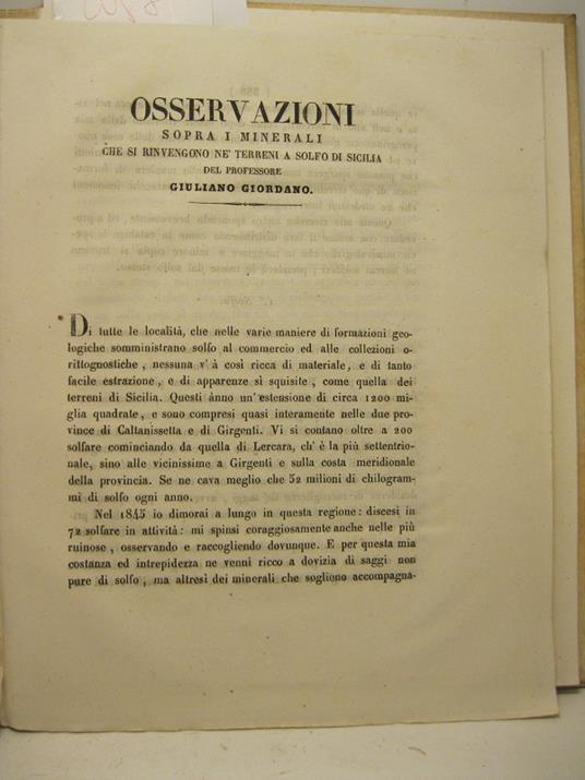 Osservazioni sopra i minerali che si rinvengono ne' terreni a solfo di Sicilia - copertina