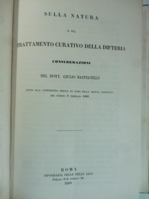 Sulla natura e sul trattamento curativo della difteria. Considerazioni - copertina