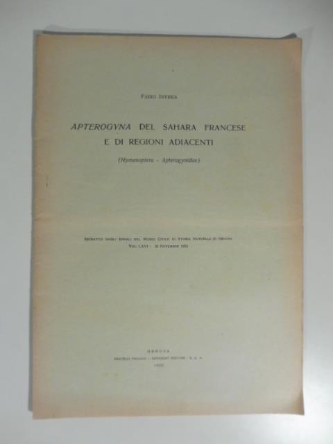 Apterogyna del Sahara francese e di regioni adiacenti - copertina