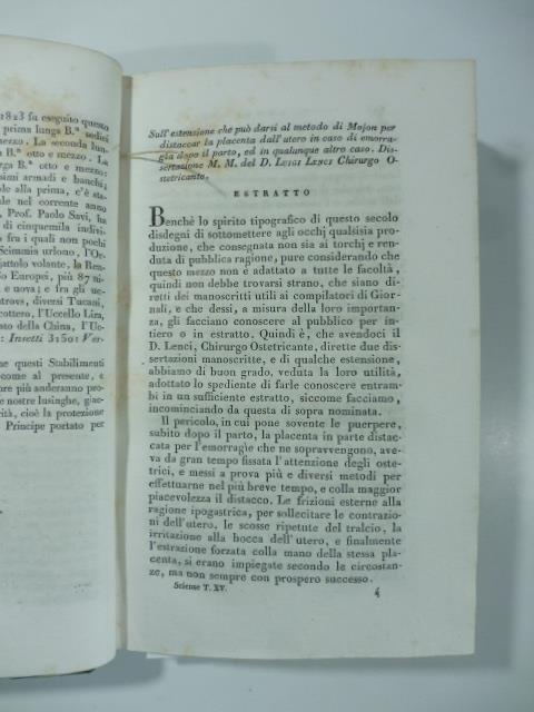 Sull'estensione che puo' darsi al metodo di Mojon per distaccare la placenta...(Segue): Degli accidenti che accompagnano il parto...(Stralcio da: Nuovo giornale de' letterati. N. 34. 1827) - copertina