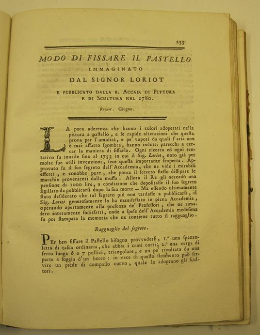 Modo di fissare il pastello immaginato dal signor Loriot e pubblicato dalla R. Accad. di pittura e di scultura nel 1780 - copertina