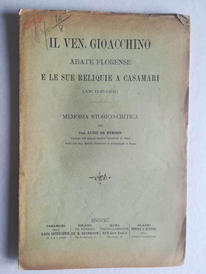 Il Ven. Gioacchino abate florense e le sue reliquie a Casamari (an. 1145-1202). Memoria storico-critica - copertina