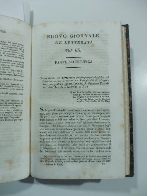 Osservazioni ed esperienze fisiologico - patologiche sul cholera morbus dominante a Parigi del P. Magendie con ann. di G. Barzellotti. (Stralcio da: Nuovo giornale de' letterati. N. 63. 1832) - copertina