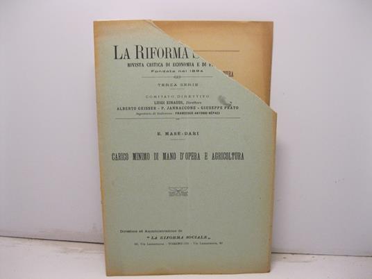 La Riforma sociale. Rivista critica di economia e di finanza. Terza serie. Carico minimo di mano d'opera e agricoltura - copertina