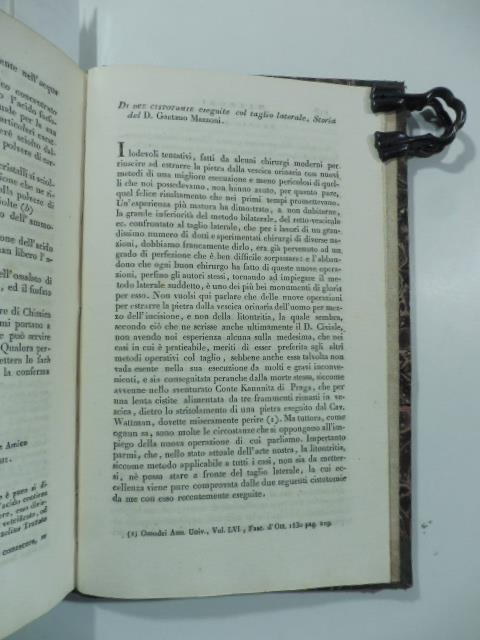 Di due cistotomie eseguite col taglio laterale. Storia del D. Gaetano Mazzoni. (Stralcio dal: Nuovo giornale de' letterati. N. 60. 1831) - copertina