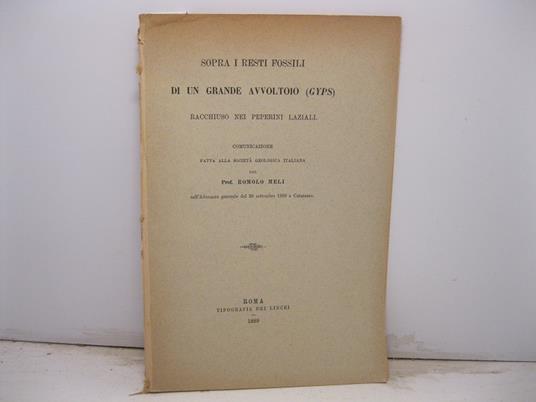 Sopra i resti fossili di un grande avvoltoio (Gyps), racchiuso nei peperini Laziali. Comunicazione fatta alla Societa' Geologica Italiana dal prof. Meli nell'Adunanza generale del 26 settenbre 1889 a Catanzaro. SEGUE - Estratto dal Fascicolo I e II d - copertina