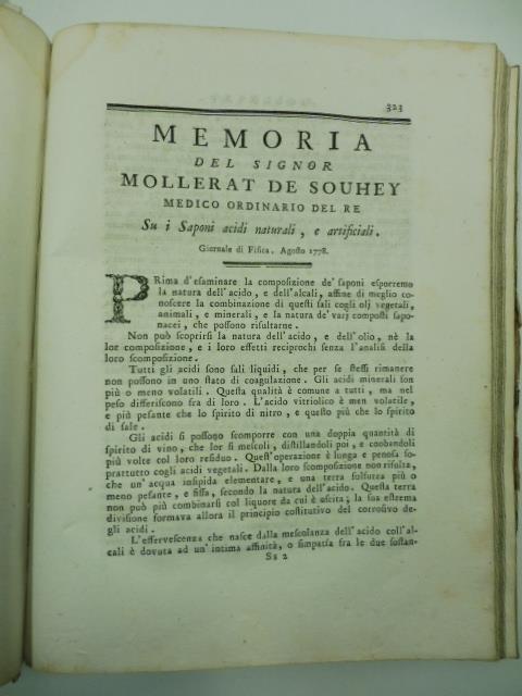 Memoria del signor Mollerat De Souhey medico ordinario del re su i saponi acidi naturali e artificiali SEGUE Lettera del signor di Morveau sulla lega dell'argento col ferro - copertina