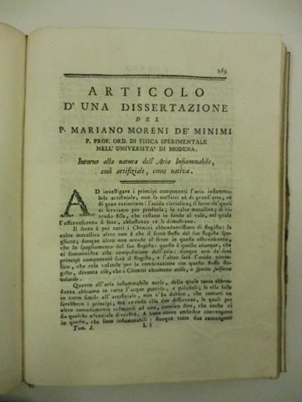 Articolo d'una dissertazione del P. Mariano Moreni de' Minimi... intorno alla natura dell'aria infiammabile cosi' artifiziale come nativa - copertina