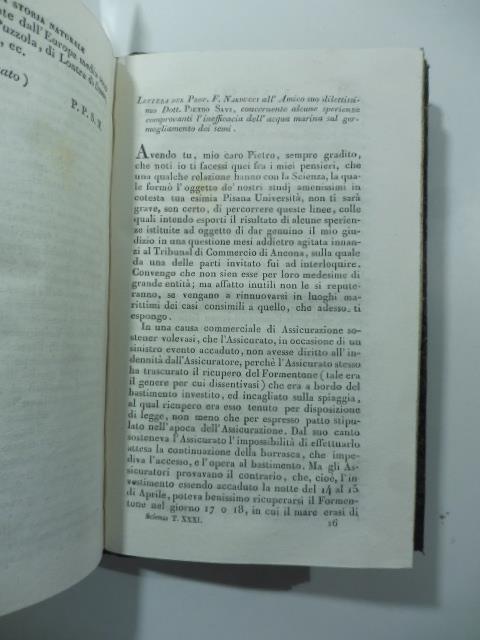 Lettera del Prof. F. Narducci all'amico suo dilettissimo Dott. Pietro Savi concernente alcuune sperienze comprovanti l'inefficacia dell'acqua marina sul germogliamento dei semi. (Stralcio da: Nuovo giornale de' letterati. N. 84. 1835) - copertina