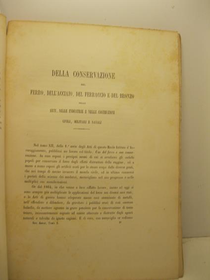 Della conservazione del ferro, dell'acciaio, del ferraccio e del bronzo nelle arti, nelle industrie e nelle costruzioni civili, militari e navali - copertina