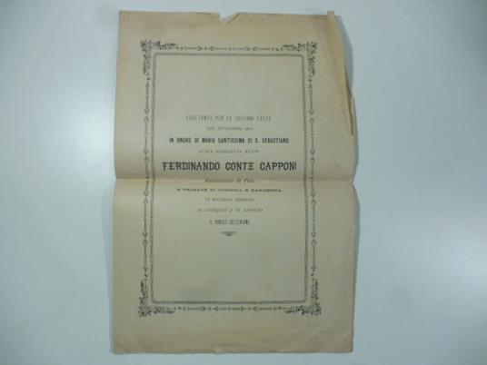 Esultante per le solenni feste del settembre 1896 in onore di Maria Santissima di S. Sebastiano. A sua eccellenza rev.ma Ferdinando conte Capponi arcivescovo di Pisa e primate di Corsica e Sardegna in ricordo perenne di ossequio ed affetto il popolo - copertina