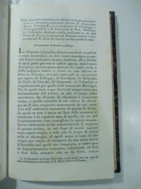 Di un fanciullo mostruoso per difetto di organizzazione. Lettera chirurgico - anatomica diretta a T. Biancini...dal D. L. Pacini...(Stralcio da: Nuovo giornale de' letterati. N. 77. 1834) - copertina