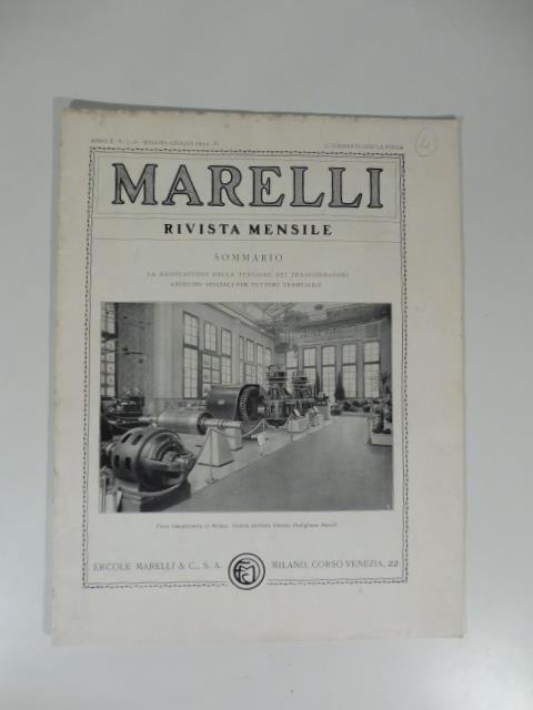 Marelli. Rivista mensile, num. 5-6, maggio-giugno 1933. La regolazione della tensione nei trasformatori areatori speciali per vetture tramviarie - copertina