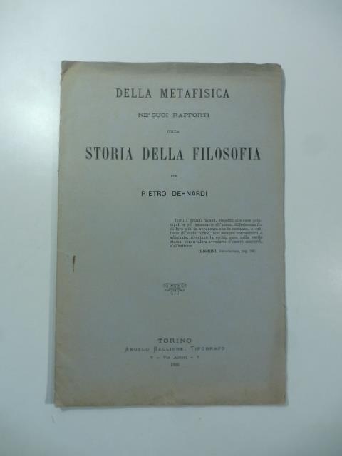 Della metafisica ne' suoi rapporti colla Storia della filosofia - copertina