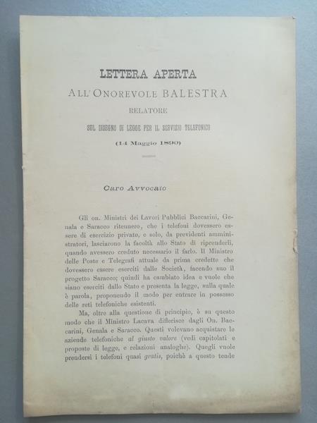 Lettera aperta all'onorevole Balestra relatore sul disegno di legge per il servizio telefonico (14 maggio 1890) - copertina