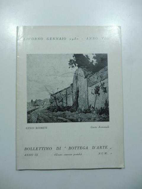 Bollettino di Bottega d'Arte, Livorno, num. 1, gennaio 1930. Mario Bacchelli, Gino Romiti, Linda Riccomi Ferrari - copertina