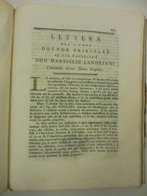 Lettera del signor Dottor Priestley al sig. cavaliere Don Marsiglio Landriani contenente alcune nuove scoperte - copertina