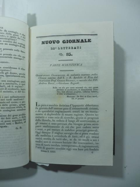 Osservazioni chirurgiche di malattie trattate nella clinica esterna dell'I. R. Spedale di Pisa dal Prof. G. Regnoli e raccolte...(Stralcio da: Nuovo giornale de' letterati. N. 83. N. 84. 85. 86. 87. 1835 - 1836) - copertina