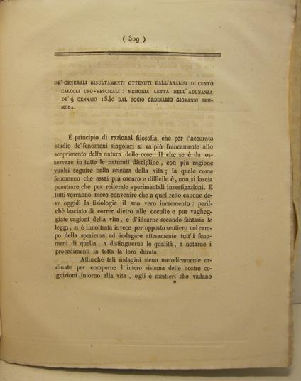 De' generali risultamenti ottenuti dall'analisi di cento calcoli uro-vescicali. Memoria.. - copertina