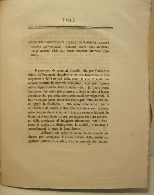 De' generali risultamenti ottenuti dall'analisi di cento calcoli uro-vescicali. Memoria.. - copertina