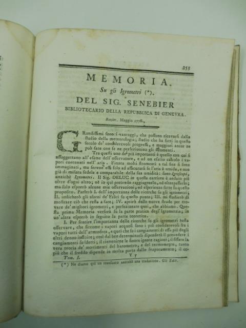 Memoria su gli igrometri del sig. Senebier bibliotecario della Repubblica di Genevra. Rozier, maggio 1778 - copertina