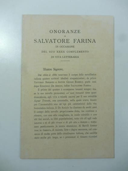 Onoranze a Salvatore Farina in occasione del suo XXXX complemento di vita letteraria - copertina