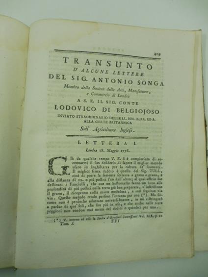 Transunto d'alcune lettere del sig. Antonio Songa membro della societa' delle Arti, Manifatture e Commercio di Londra a s.e. il sig. conte Lodovico di Belgiojoso inviato straordinario delle LL.LL.RR. ed A. alla corte britannica sull'agricoltura ingle - copertina