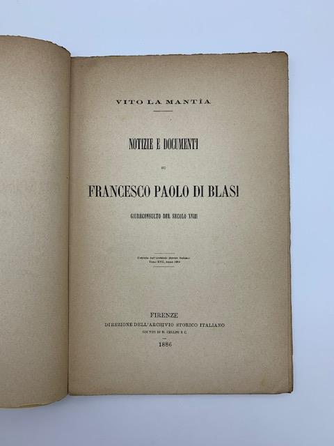 Notizie e documenti su Francesco Paolo Di Blasi giureconsulto del secolo XVIII - copertina